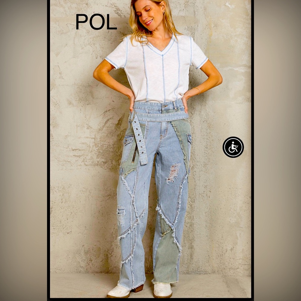 BPB15-2🩵POL playtime  Women's Distressed Blue Jeans w/self-belt+outseam details